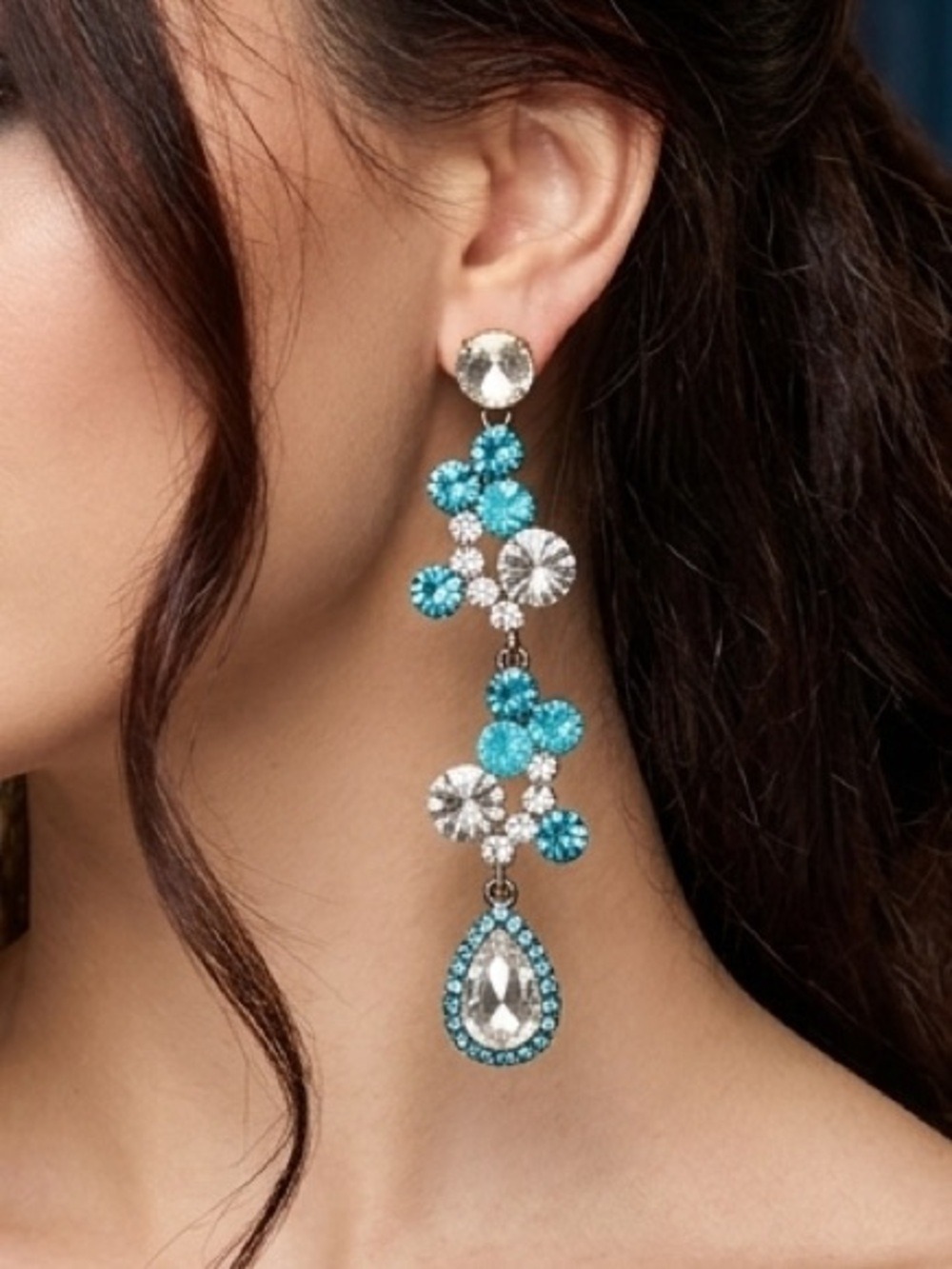 Turquoise Crystal Teardrop Dangle Earrings 3.5 Inch